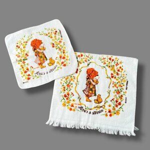 Vintage 70s Holly Hobbie Tea Towel & Wash Cloth Cannon Loves A Stirrin Orange